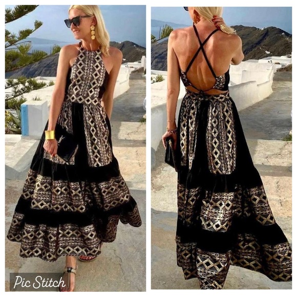 Anthropologie Dresses & Skirts - Lace the label geometric metallic lace up back tiered maxi dress
